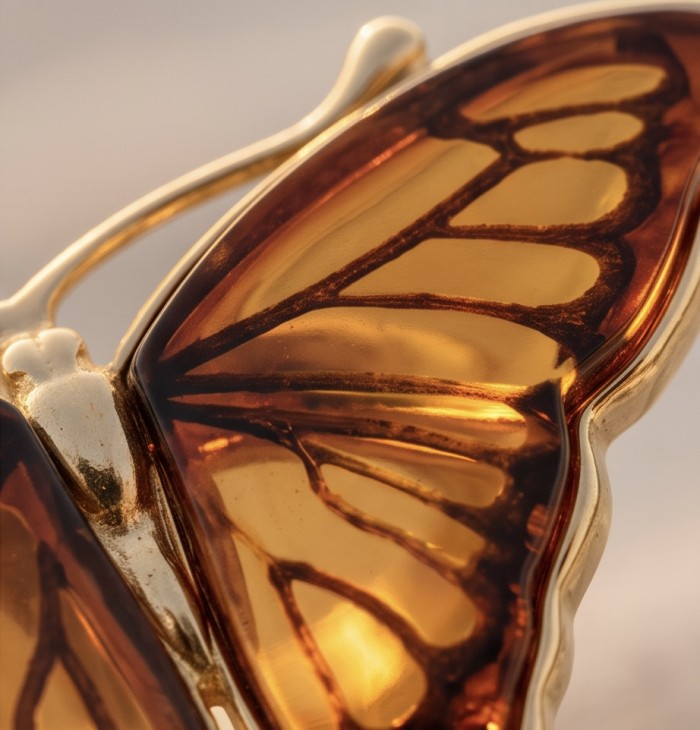 Butterfly Authentic Baltic Amber .925 Sterling Silver dipped in 18K Gold handcrafted ring; s. 7 adjustable - Close-up of butterfly Baltic amber jewelry with silver detail.