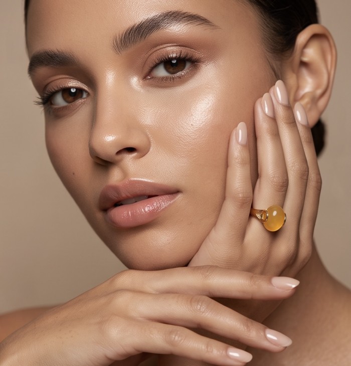 Vintage Style Authentic Golden Butterscotch Baltic Amber 18K Gold over .925 Sterling Silver entirely handcrafted ring; s. 6 - Close-up of ring with golden amber stone, worn on hand.