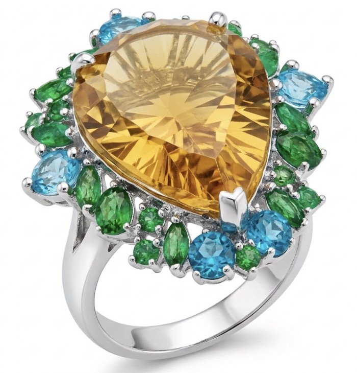 Emily 24.2 carat Brazilian Citrine EMERALD .925 Sterling Silver dipped in rhodium handcrafted ring; s. 8 1/4 - Close-up of yellow citrine ring with blue and green gemstones.