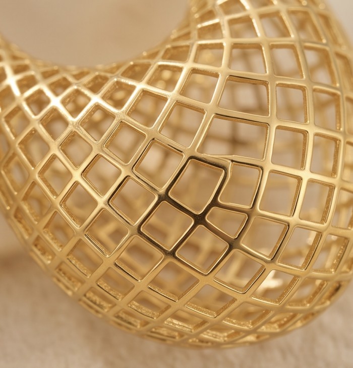 Dubai Style - Mystery- .925 Sterling Silver dipped in 22K Gold handmade Earrings - Close-up of Dubai Style - Mystery wire mesh design in 22K gold finish