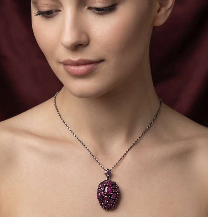 Giovanna 26.4 carat authentic Mozambique Ruby black rhodium .925 Sterling Silver handmade Pendant - Model wearing Giovanna 26.4 carat Mozambique Ruby necklace.