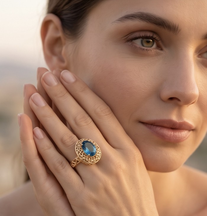 Blue Treasure genuine 10.5 carat London Blue Topaz 14K Gold over .925 Sterling Silver handmade Statement Ring size 6 - Blue Treasure London Blue Topaz ring on hand, close-up.