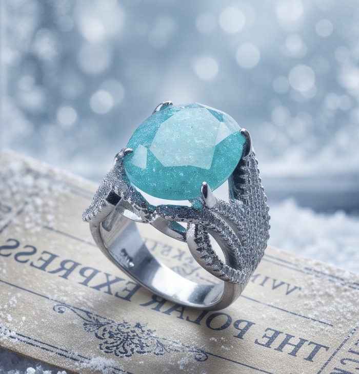 Marina tiffany Blue 17.8 carat Aquamarine .925 Sterling Silver handcrafted Large ring size 7 1/4 - Close-up of Marina Tiffany Blue aquamarine ring on a textured surface
