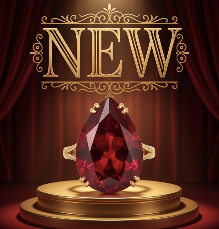 Carmen Natural 25.4 carat Ruby .925 Sterling Silver dipped in 22K Gold handmade Large Statement Ring size 6 - Close-up of Carmen Natural 25.4 carat Ruby ring on a gold pedestal.