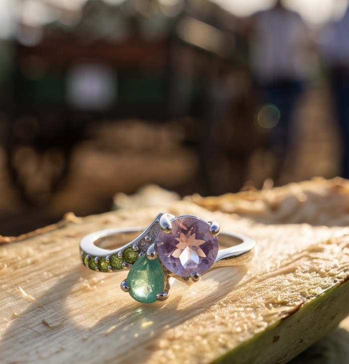 Born to Glam 2.8 carat natural Tanzanite .925 Sterling Silver Perfectly handcrafted Ring s. 7 - Close-up of a Tanzanite ring in sunlight on a wooden surface
