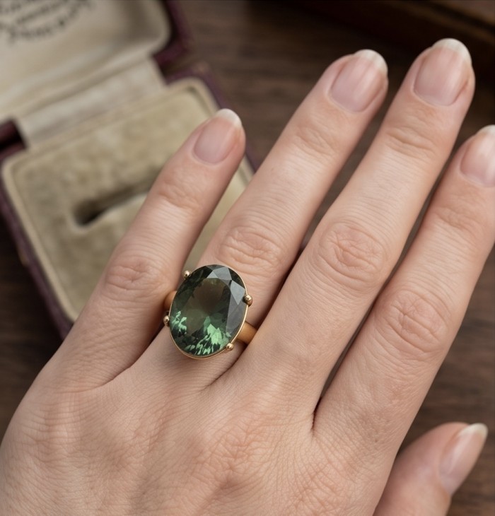 Exotic Beauty oval cut 17.5 carat Helenite .925 Sterling Silver dipped in Real 14k Gold handmade Ring s. 9 1/2 - 17.5 carat Helenite ring worn on hand, close-up view