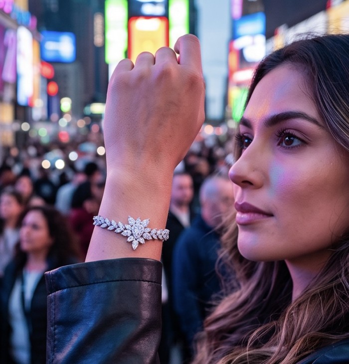 Mademoiselle 10.2 carat Moissanite .925 Sterling Silver Statement Bracelet - Woman wearing Mademoiselle 10.2 carat moissanite bracelet on wrist.