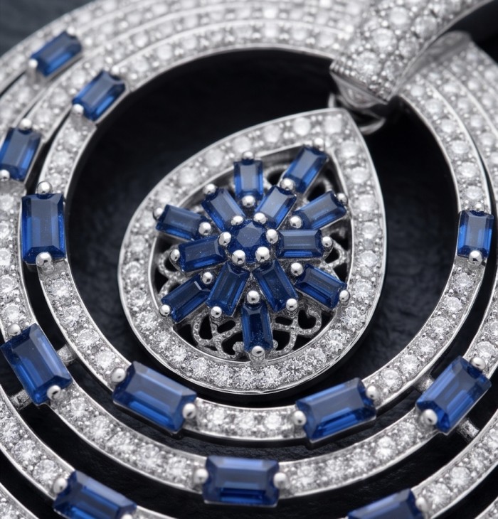 Precious 7.2 carat natural Sapphire rhodium over .925 Sterling Silver .925 Sterling Silver Statement Necklace - Close-up of sapphire and diamond design on sterling silver jewelry piece.