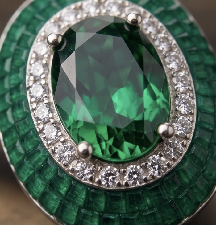 Julietta 12.5 carat Colombian Emerald .925 Sterling Silver handmade Statement earrings - Close-up of 12.5 carat emerald ring with diamond accents in sterling silver