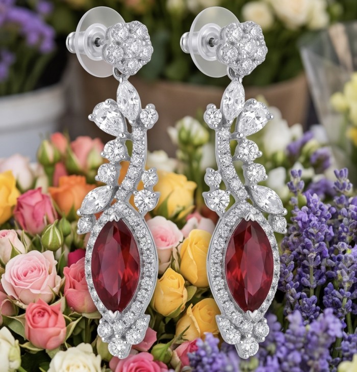 Exquisite 9.4 ctw Mozambique Ruby .925 Sterling Silver handcrafted Statement earrings - Elegant ruby and silver drop earrings in garden setting, front view.