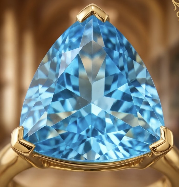 Aqua trillion cut 18.5 carat Swiss Blue Topaz 22K Gold over .925 Sterling Silver handcrafted ring size 7 - Close-up of aqua trillion cut Swiss Blue Topaz in 22K gold setting.