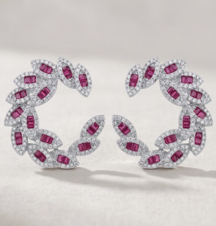 Precious - Art Deco 10.2 carat Ruby .925 Sterling Silver handmade earrings - Front view of Art Deco ruby and silver earrings on a neutral background.