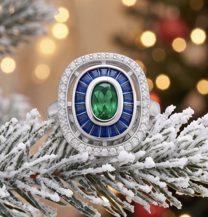 Art Deco 8.6 ctw Colombian Emerald Rhodium plated .925 Sterling Silver handcrafted Statement Ring size 9 - Close-up of Art Deco ring with emerald and sapphire detail.