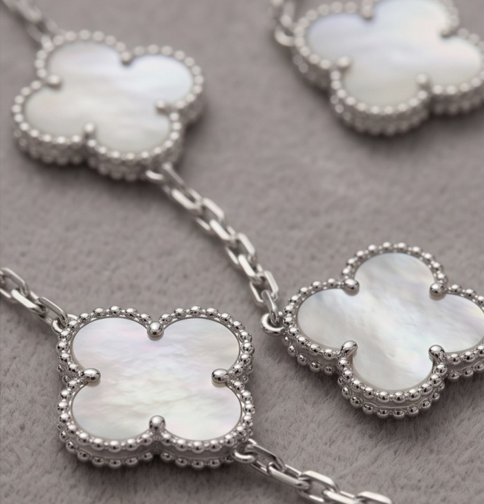 44 inches Outstanding authentic inlay Blister Pearl Lucky Four Leaf Clover .925 Sterling Silver Station necklace - Close-up of jewelry with clover-shaped blister pearl inlay.