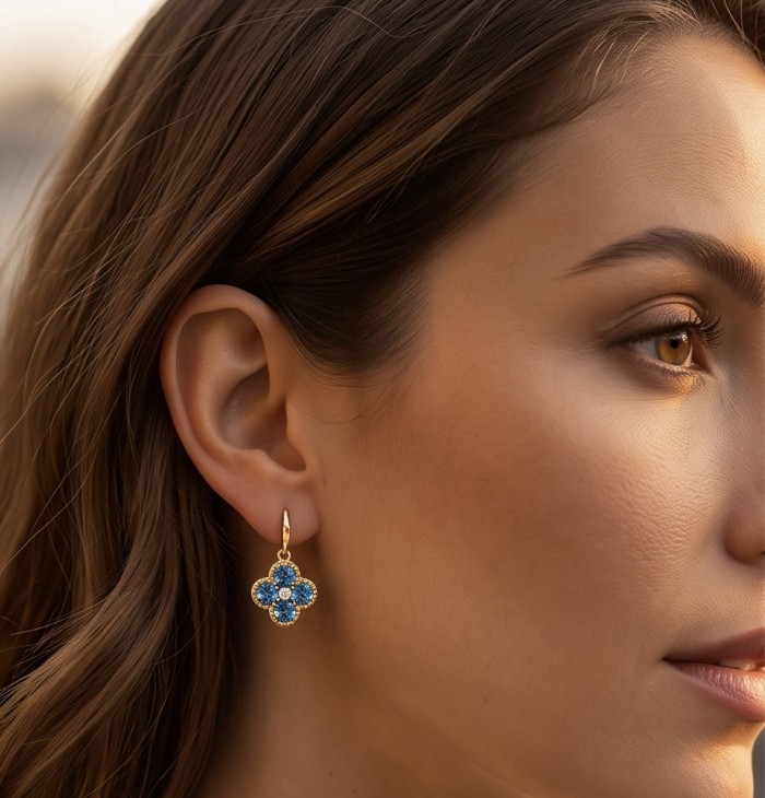 Clover 6.5 carat London Blue Topaz 18K Gold over .925 Sterling Silver handcrafted earrings - Side view of Clover 6.5ct London Blue Topaz earrings, worn on ear