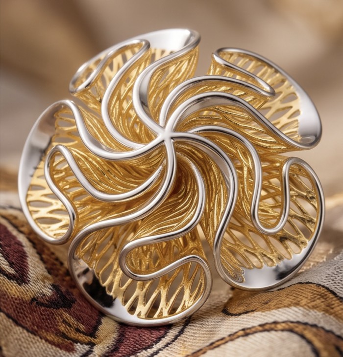GOLDEN ROSE - Dubai Style - .925 Sterling Silver dipped in 22K Gold handmade Large ring size 8 1/4 - Front view of intricate golden rose jewelry in sterling silver.