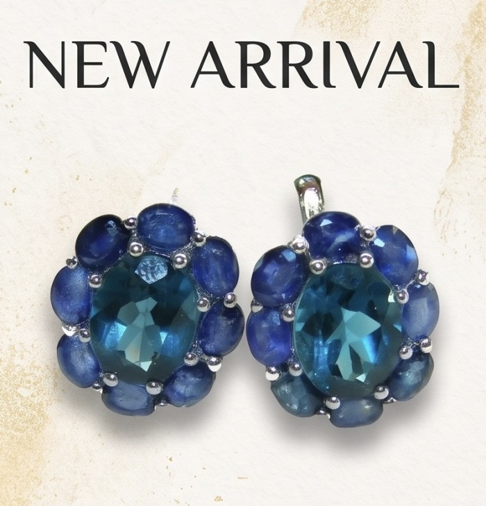 Forget-me-not 9.5 carat London Blue Topaz rhodium over .925 Sterling Silver handmade earrings - Close-up of Forget-me-not 9.5 carat London Blue Topaz earrings.