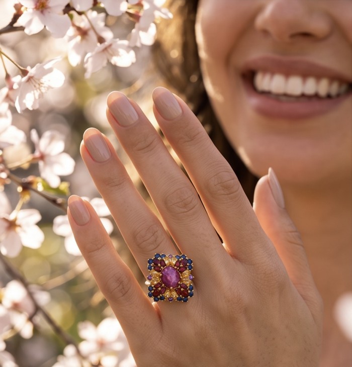 Bella Rosa Genuine 17.5 CARAT Star Ruby 22K Gold over .925 Sterling Silver Large Statement Ring size 8 - Worn on hand: Bella Rosa 17.5ct Star Ruby 22K Gold ring with blossoms.