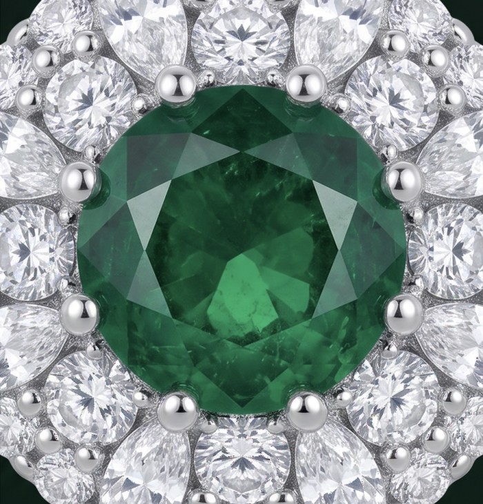 Spectaculat 4.5 carat Tsavorite Garnet rhodium over .925 Sterling Silver handcrafted earrings - Close-up of a 4.5 carat Tsavorite Garnet ring with diamonds.