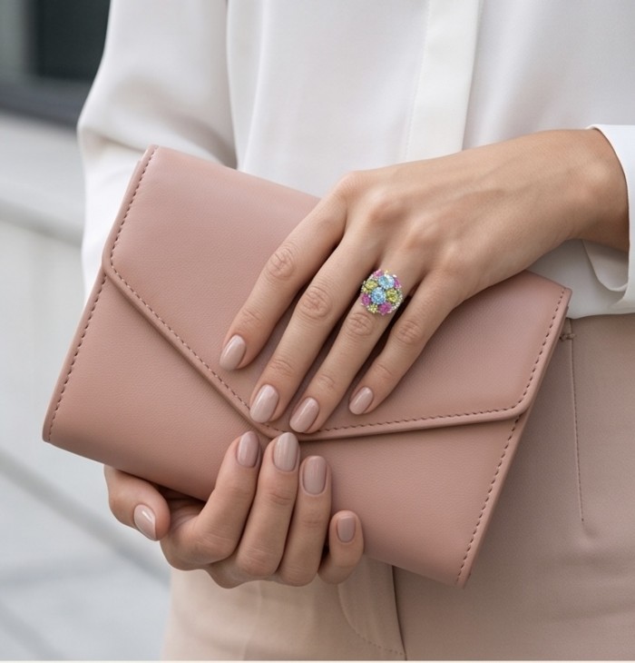 Countless Belssings Natural 23.8 carat Swiss Blue Topaz .925 Sterling Silver dipped in rhodium handmade Statement Ring size 8 - Hand holding pink clutch, wearing colorful statement ring.