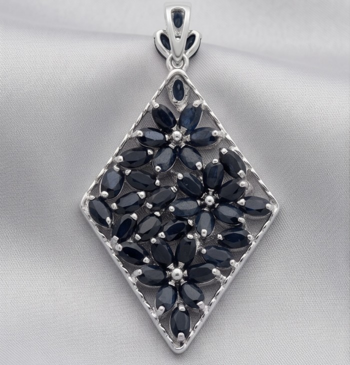 Vintage Beauty 9.7 carat Mozambique Sapphire Black Rhodium over .925 Sterling Silver handcrafted pendant - Close-up of Vintage Beauty pendant with Mozambique sapphires