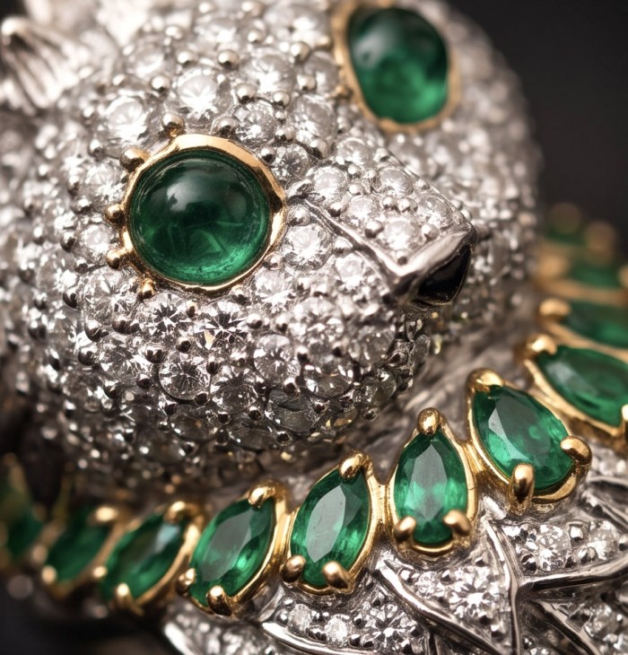Elegant luxurious Cat 0.7 carat Colombian Emerald rhodium over .925 Silver handcrafted Cocktail Ring s. 8 - Close-up of emerald and diamond encrusted cat-shaped jewelry.