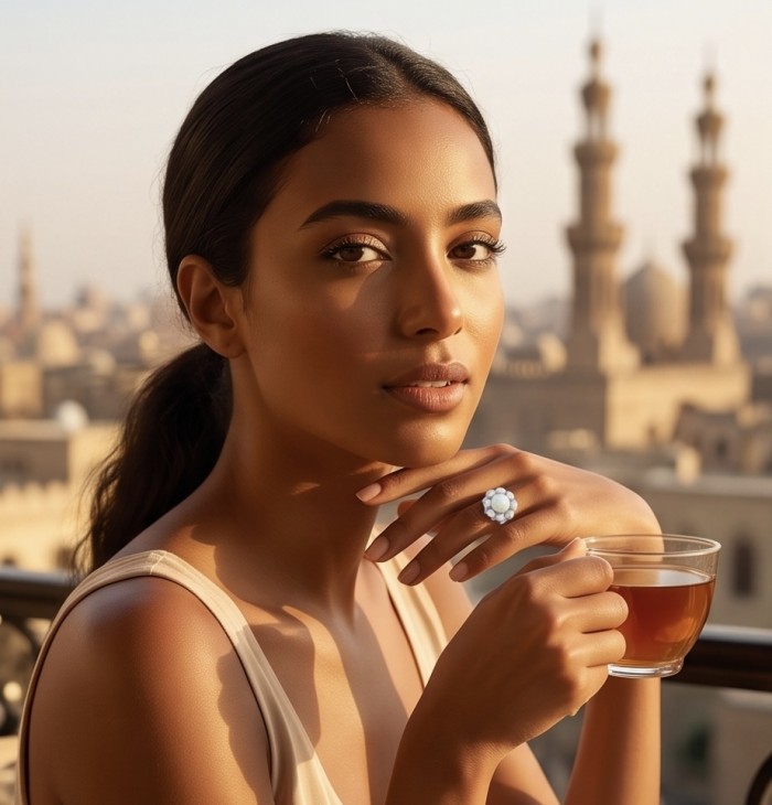 Golden Galaxy Genuine 12.8 carat Ethiopian Opal rhodium over .925 Sterling Silver handmade Ring size 8 - Woman wearing Golden Galaxy Opal ring, background of distant architecture