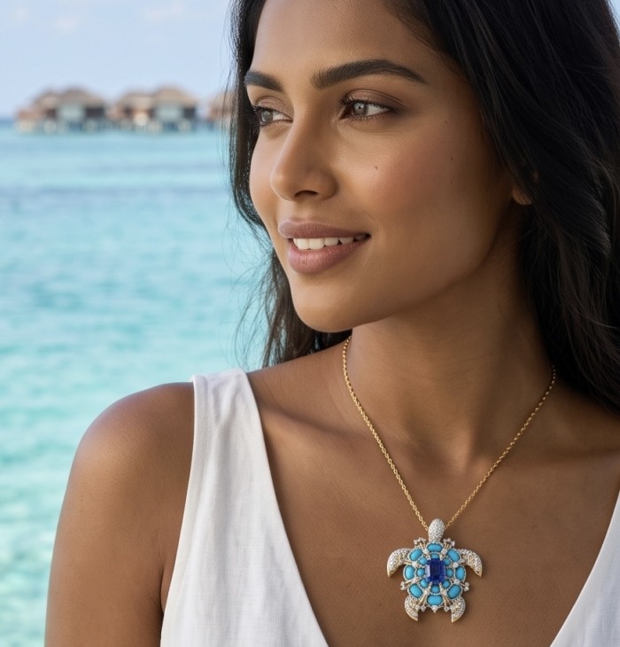 Blue Turtle Authentic 10.2 carat Swiss Blue Topaz Sleeping Beauty Turquoise rhodium over .925 Sterling Silver 2 tones handcrafted Statement Pendant Brooch - Woman wearing blue turtle necklace at the beach, close-up view