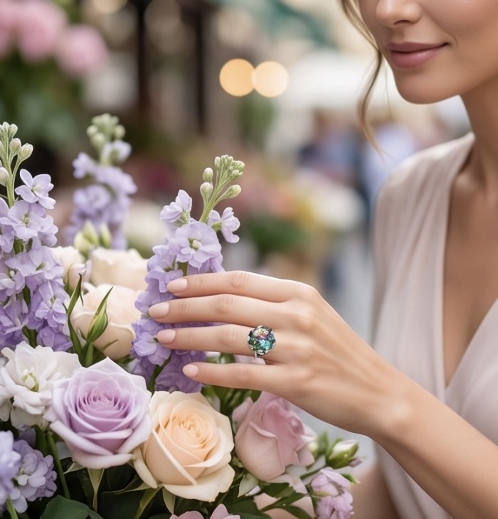 7.8 carat Brazilian Tourmaline .925 Sterling Silver Perfectly handcrafted Ring s. 6 - Tourmaline ring worn on hand with flowers in background.