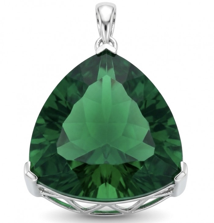 Trillion Cut Perfect 29.5 carat Volcanic Helenite .925 Sterling Silver handcrafted Pendant - Trillion cut volcanic Helenite pendant, 29.5ct, front view close-up.
