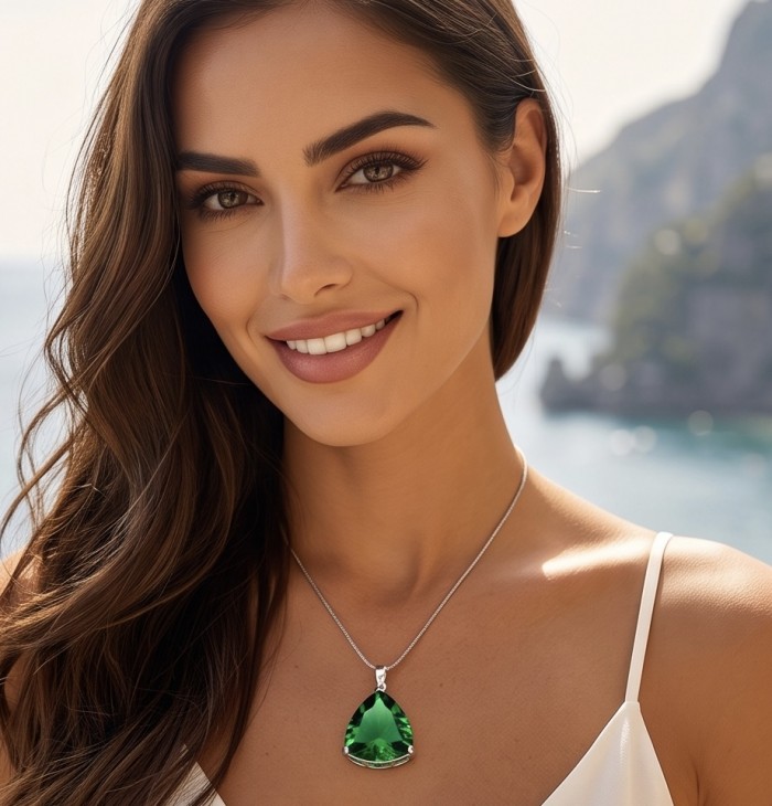 Trillion Cut Perfect 29.5 carat Volcanic Helenite .925 Sterling Silver handcrafted Pendant - Woman wearing Trillion Cut Volcanic Helenite necklace, close-up view.