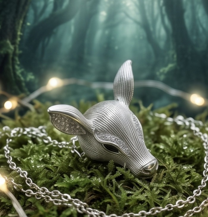 Deer'S Head 0.5 carat Emerald Rhodium over .925 Sterling Silver handmade Statement Bracelet - Deer head pendant in forest setting, front view on chain