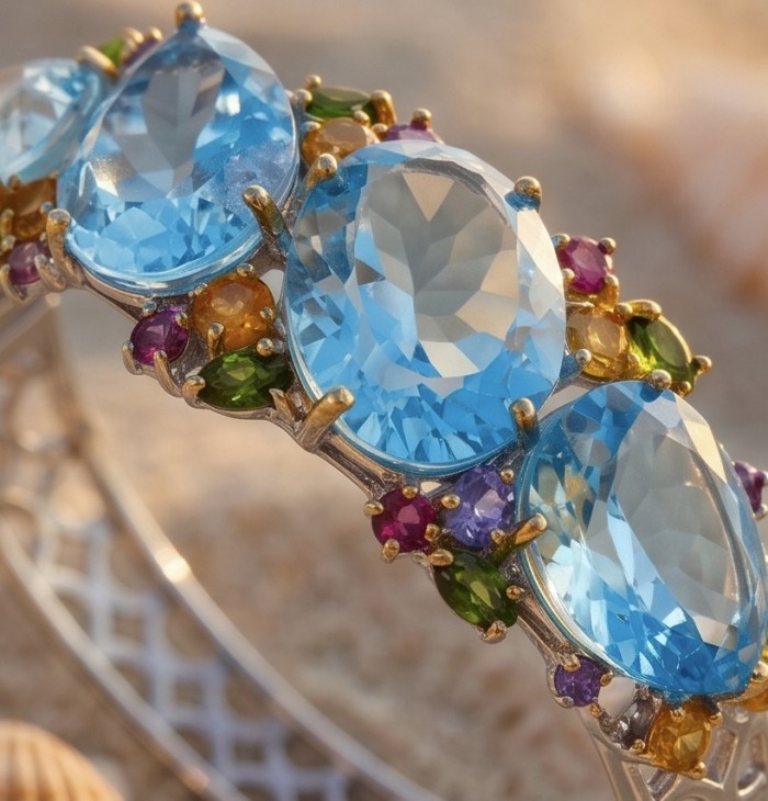 PACIFICA - 25.8 carat Swiss Blue Topaz 10.2 carat Sapphire 18K Rose Gold over .925 Sterling Silver handmade bangle Bracelet - Close-up of PACIFICA bracelet with Swiss Blue Topaz and Sapphire stones.