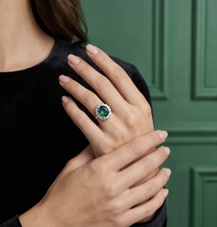 Estelle - Authentic 12.9 carat COLOMBIAN EMERALD .925 Sterling Silver dipped in rhodium handcrafted Ring size 8 - Emerald ring worn on hand, showcasing 12.9 carat Colombian emerald.