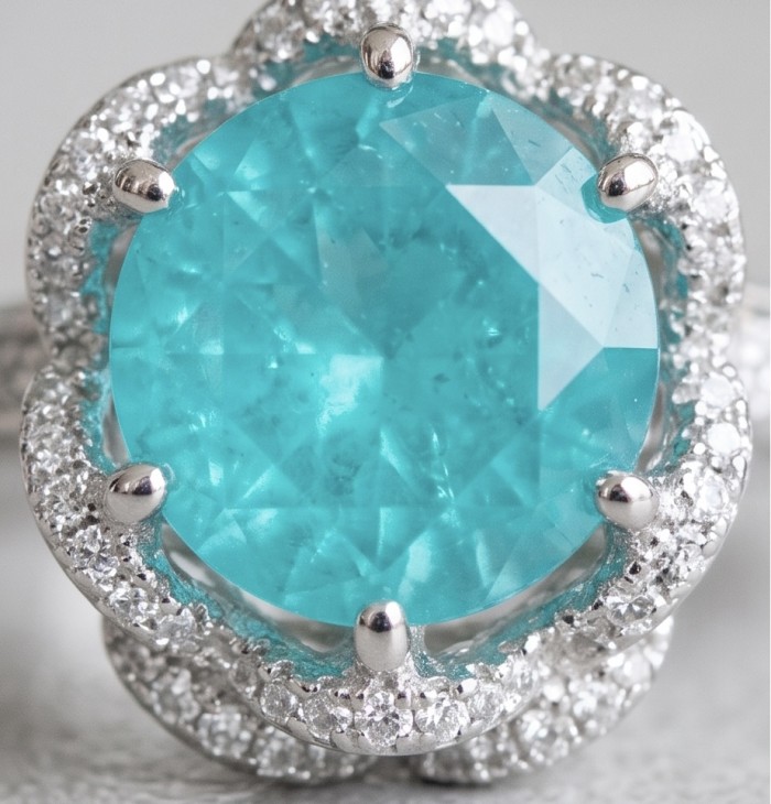 Elizabeth 9.8 carat Colombian Emerald .925 Sterling Silver dipped in Rhodium handcrafted Ring size 8 1/4 - Close-up of large Colombian emerald in sterling silver setting