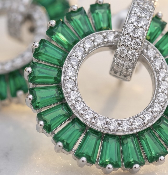 Art deco Spectaculat 2.5 carat Tsavorite Garnet rhodium over .925 Sterling Silver handcrafted earrings - Close-up of Art Deco earrings with Tsavorite Garnet and diamonds