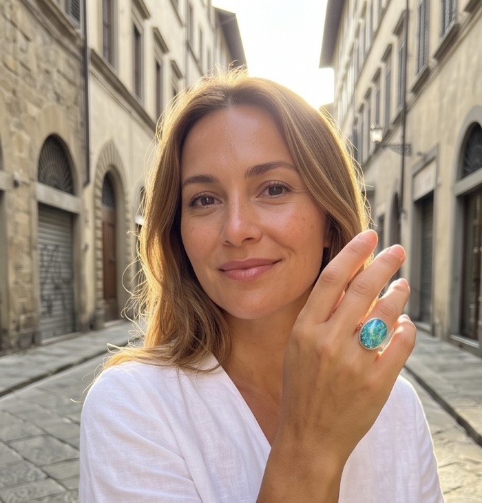 Endless Ocean Genuine 18.5 carat Australian Opal .925 Sterling Silver handmade Ring size 6 1/4 - Woman wearing Endless Ocean Opal ring on hand in street setting