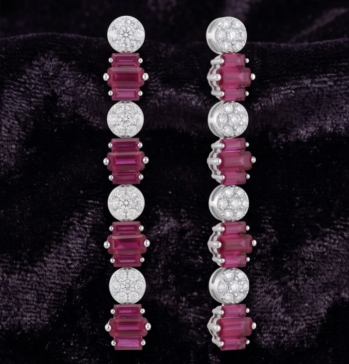 Art Deco - Giovanna - Magnificent Jewel 2.7 carat Ruby .925 Sterling Silver handcrafted incredible earrings - Pair of ruby and diamond Art Deco earrings, front and side view.