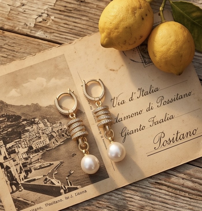 Luxurious Genuine Pearl 0.4 CARAT lab grown Diamond 18K Gold over .925 Sterling Silver handcrafted Statement Earrings - Earrings with pearls and diamonds on postcard with lemons, top view.