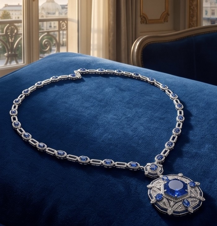 Art Deco - Pacifica - 88.4 carat Sapphire Enamel .925 Sterling Silver handmade Statement necklace; 24 inches long - Art Deco Sapphire Necklace on Blue Velvet, featuring 88.4 carat Sapphire