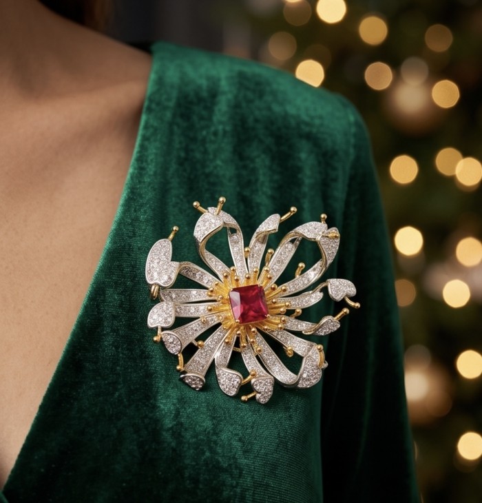 Exotic Flower - RARE FINDING - 4.7 carat Authentic Ruby 18k Gold over .925 Sterling Silver handcrafted Pendant Brooch - Ruby flower brooch on green velvet, front view, worn on shoulder.