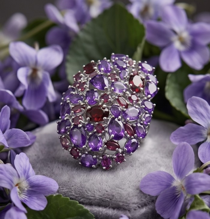 Giuseppina - Authentic 49.5 carat Amethyst Garnet rhodium over .925 Sterling Silver handcrafted Massive Statement Ring size 9 - Close-up of amethyst and garnet ring surrounded by purple flowers