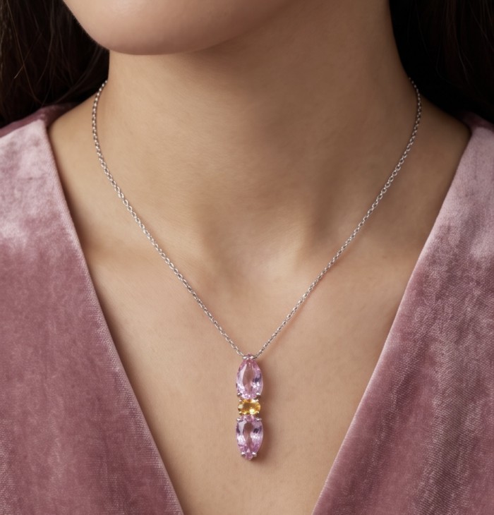 Incredible pear cut 15.8 carat Pink Topaz Rhodium over .925 Sterling Silver handcrafted pendant - Necklace with pink topaz pendant, worn on neck.