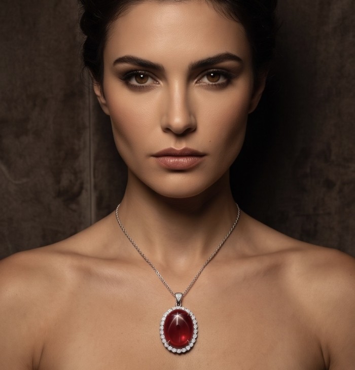 Rare finding! Deluxe 145.2 carat authentic Kashmir Star Ruby rhodium over .925 Sterling Silver handmade Statement Pendant - Close-up of woman wearing deluxe 145.2 carat Kashmir Ruby necklace.