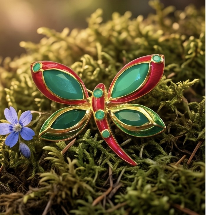 Green Buttrefly - 18.5 carat Authentic Emerald Enamel 22 carat Gold .925 Sterling Silver handcrafted Brooch - Butterfly brooch with emerald enamel, angled view on moss background.