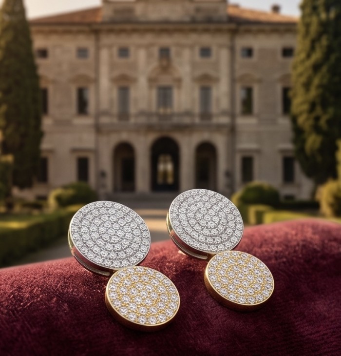 Precious 4.1 carat pave White Topaz 2 tones .925 Sterling Silver Golden Handcrafted Earrings - Front view of 4.1 carat pavé White Topaz earrings on velvet background