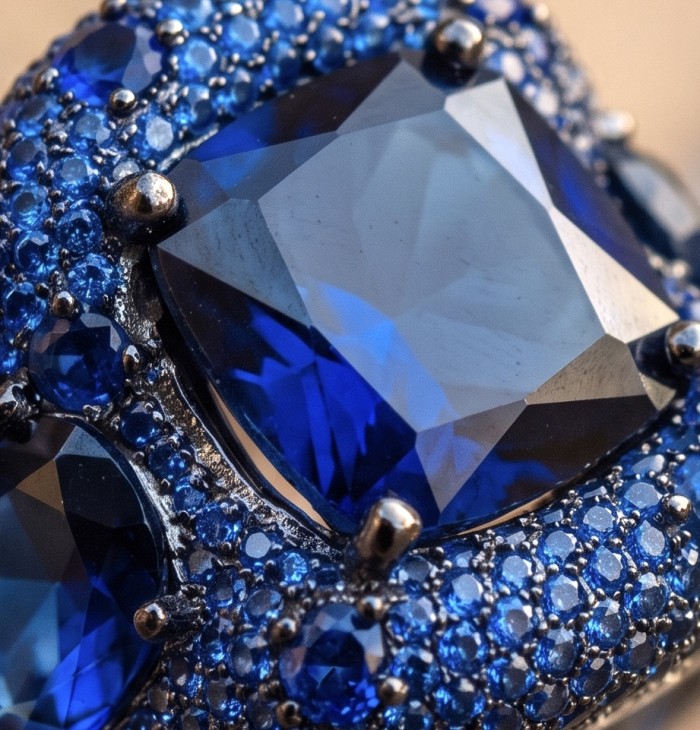 Iconic design - Natural 14.5 carat Sapphire 4.8 carat pave Sapphire rhodium over .925 Sterling Silver handcrafted ring size 6 1/4 - Close-up of sapphire with pave detail in iconic jewelry design.