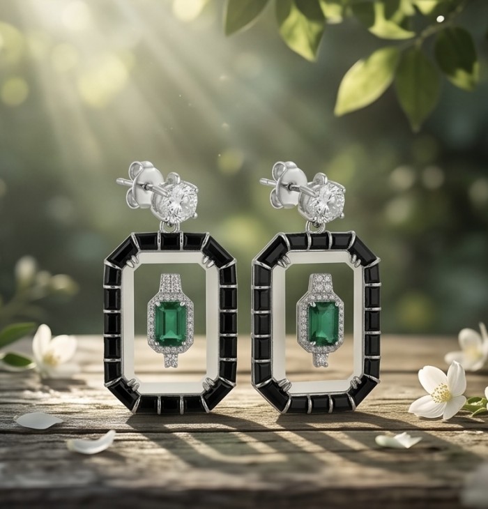 Art Deco - Magnificent Jewel 6.5 carat Colombian Emerald Enamel .925 Sterling Silver dipped in Rhodium handcrafted earrings - Elegant Art Deco earrings with Colombian emerald, outdoor display.