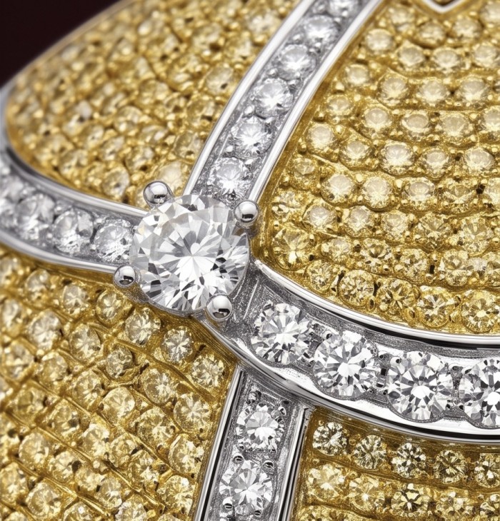 Ballerina - Precious pave 4.9 carat Moissanite 18K Gold rhodium over .925 Sterling Silver handmade Pendant - Brooch - Close-up of Ballerina jewelry with moissanite and 18K gold pavé detail