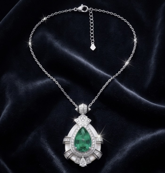 Vintage style - 8.5 carat authentic Tsavorite Garnet .925 Sterling Silver handcrafted necklace - Pendant necklace with teardrop Tsavorite Garnet on dark background.